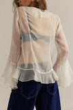 Sheer Ruffle V-Neck Bell Sleeve Blouse