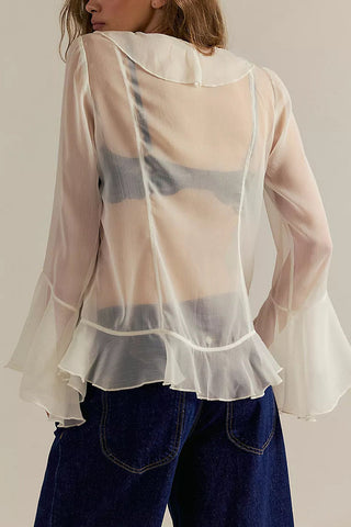 Sheer Ruffle V-Neck Bell Sleeve Blouse