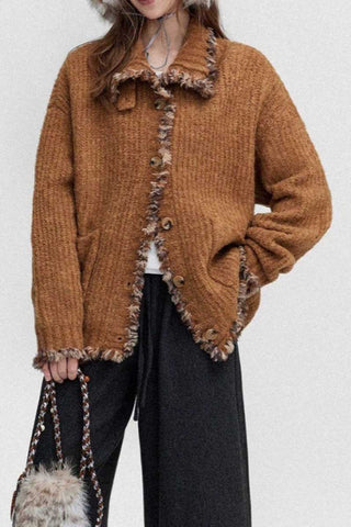 Fuzzy Textured Frayed Trim Cardigan