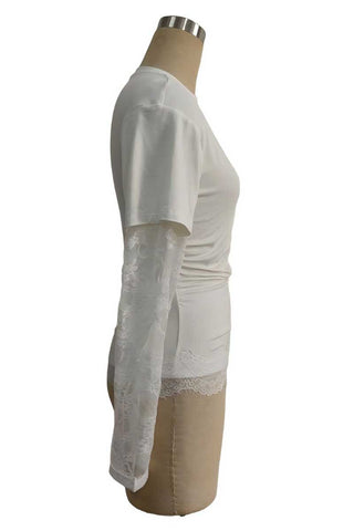 Sheer Lace Sleeve Ruched Crew Neck Top