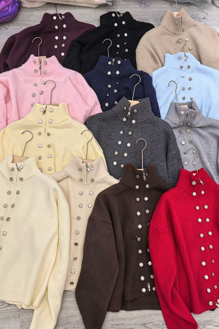 Mock Neck Zip Front Military Cardigan