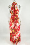 Floral Halter Ruched Maxi Dress