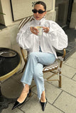 Polka Dot Puff Sleeve Mock Neck Blouse