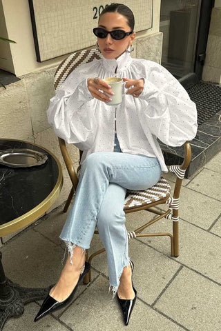 Polka Dot Puff Sleeve Mock Neck Blouse