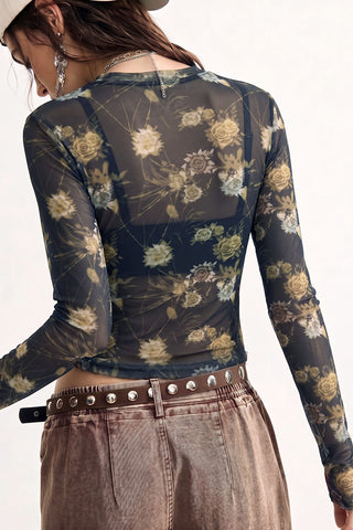Sheer Floral Mock Neck Long Sleeve Top
