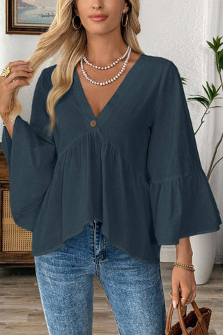 V-Neck Button-Trimmed Blouse