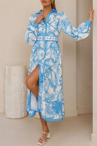 Belted Puff Sleeve Printed Dress