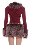 Fuzzy Trim Long Sleeve Crop Top and Mini Skirt Set