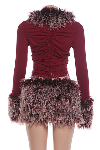 Fuzzy Trim Long Sleeve Crop Top and Mini Skirt Set