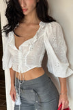 Lace Puff Sleeve Lace-Up Crop Top