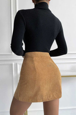 High-Waist Ribbed Button-Front Mini Skirt