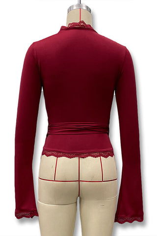 Lace Trim Wrap V-Neck Bell Sleeve Blouse