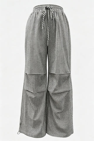 Plaid Drawstring Wide-Leg Casual Pants