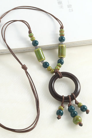 Wooden Ring Beaded Cord Necklace