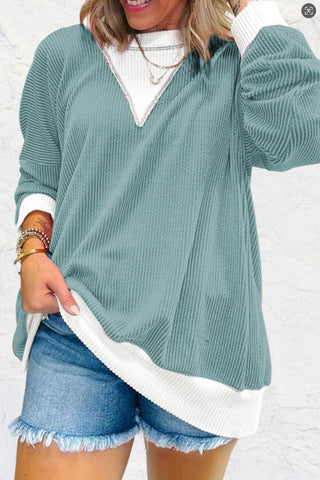 Textured V-Neck Color Block Sweatshirt