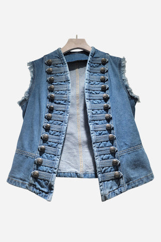 Button-Embellished Sleeveless Denim Jacket