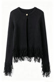 Fringe Trim Crew Neck Knit Cardigan