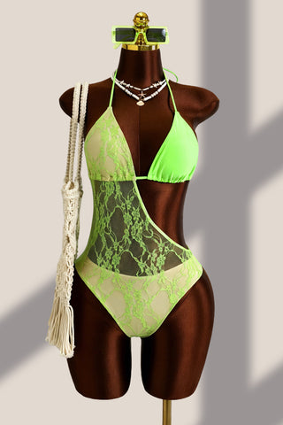 Lace Overlay One-Shoulder Swimsuit
