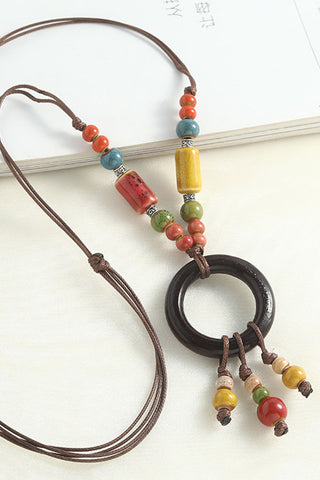 Wooden Ring Beaded Cord Necklace