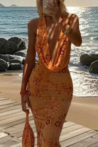 Halter Neck Floral Sequin Bodycon Dress