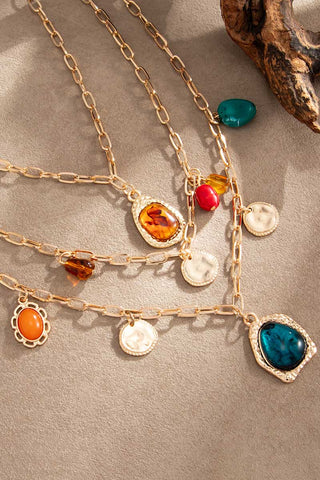 Multi-Layer Chain Link Gemstone Pendant Necklace