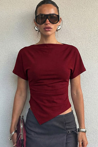 Ruched Asymmetrical Hem Short Sleeve Top