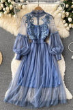 Floral Lace Mock Neck Puff Sleeve Dress