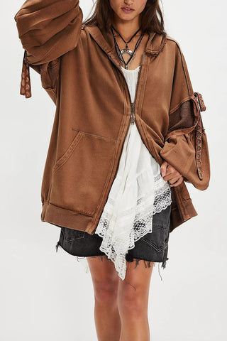 Tie-Sleeve Puff Zip-Up Hoodie