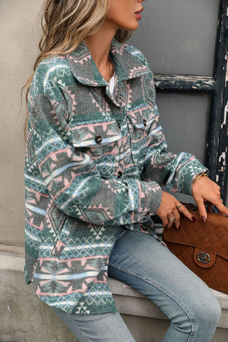 Geometric Print Button-Front Collared Coat