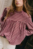Plaid Mock Neck Puff Sleeve Blouse