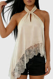 Lace Trim Asymmetric Halter Tank