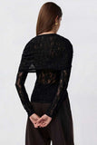 Sheer Lace Overlay Crew Neck Long Sleeve Top