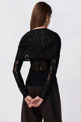 Sheer Lace Overlay Crew Neck Long Sleeve Top