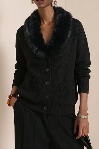 Faux Fur Collar Button-Front Knit Cardigan