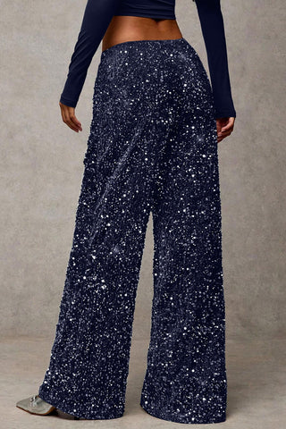Sequin Drawstring Wide-Leg Casual Pants