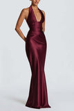 Satin Halter Plunging Mermaid Maxi Dress