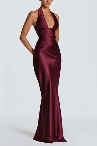 Satin Halter Plunging Mermaid Maxi Dress