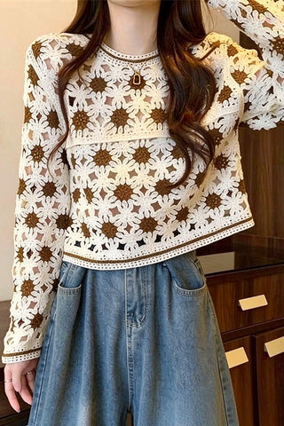 Floral Crochet Hollow Long Sleeve Blouse