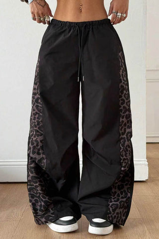 Leopard Side Panel Drawstring Wide-Leg Pants