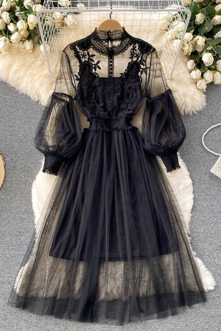 Floral Lace Mock Neck Puff Sleeve Dress
