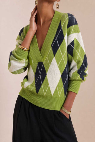 Argyle Knit V-Neck Sweater