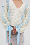 Bow Detail V-Neck Puff Sleeve Cardigan
