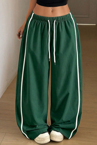 Side Stripe Drawstring Wide-Leg Casual Pants