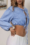 Lace-Up Puff Sleeve Denim Jacket