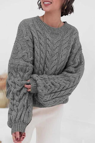 Cable Knit Crew Neck Balloon Sleeve Sweater