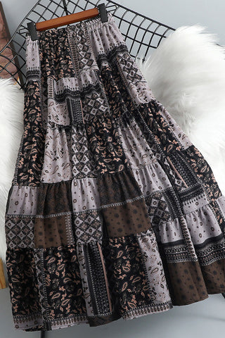 Patchwork Print Tiered Midi Skirt
