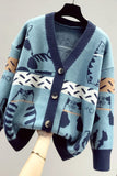 Cat Print V-Neck Cardigan