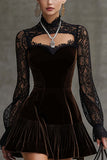 Lace Sleeve Mock Neck Velvet Mini Dress