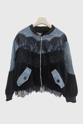 Lace Panel Velvet Zip-Up Denim Jacket