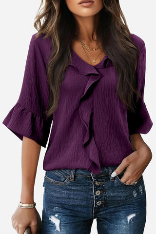 Ruffled V-Neck Blouse with Tiered Sleeves